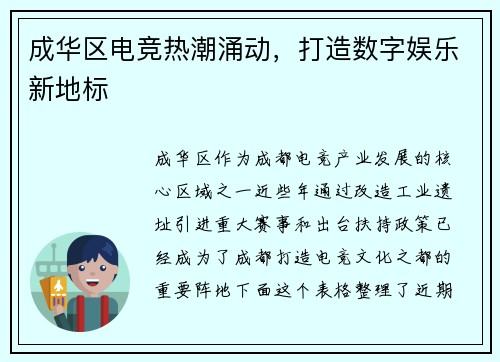 成华区电竞热潮涌动，打造数字娱乐新地标